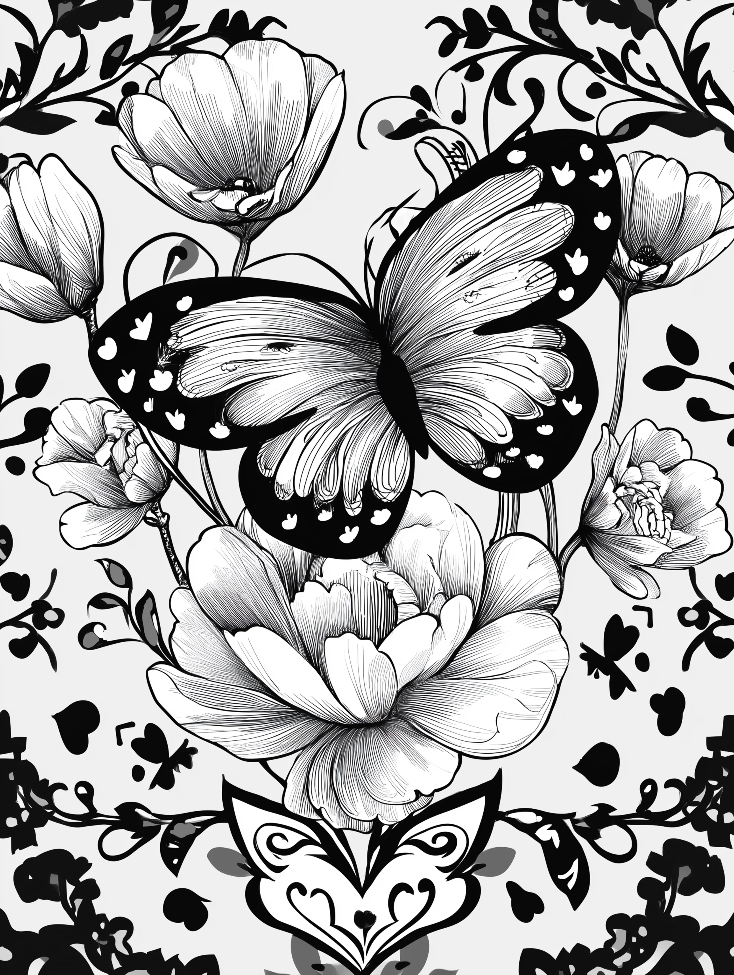 Free printable butterfly coloring page for adults featuring a butterfly with flowers